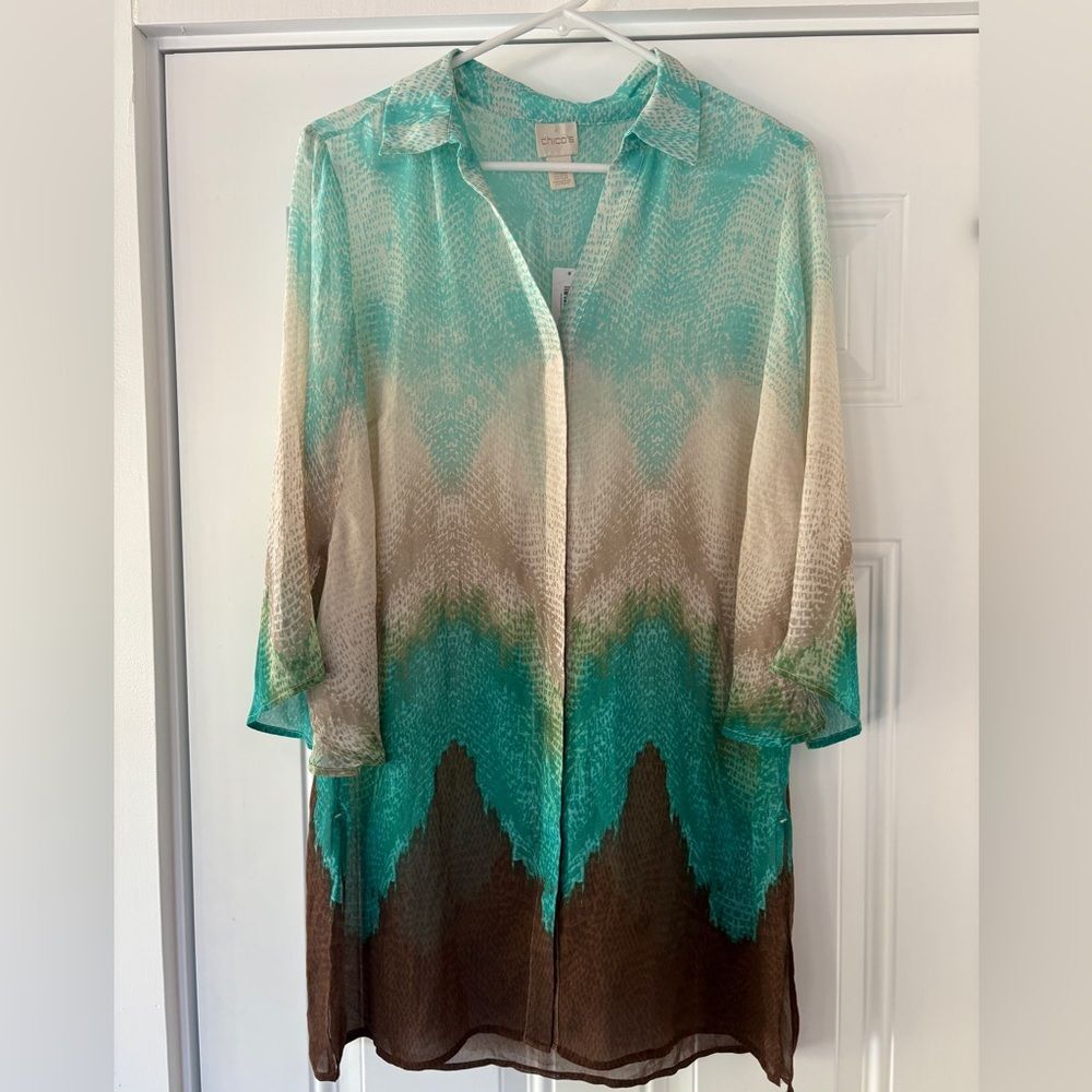 Chico's Bahama Breeze Super Tunic 3/4 sleeve semi sheer blouse NWT Retail $99